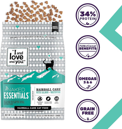 I and Love and You Naked Essentials Dry Cat Food - Salmon + Whitefish for Hairball Care - Grain Free, Real Meat, No Fillers, 3.4lb Bag