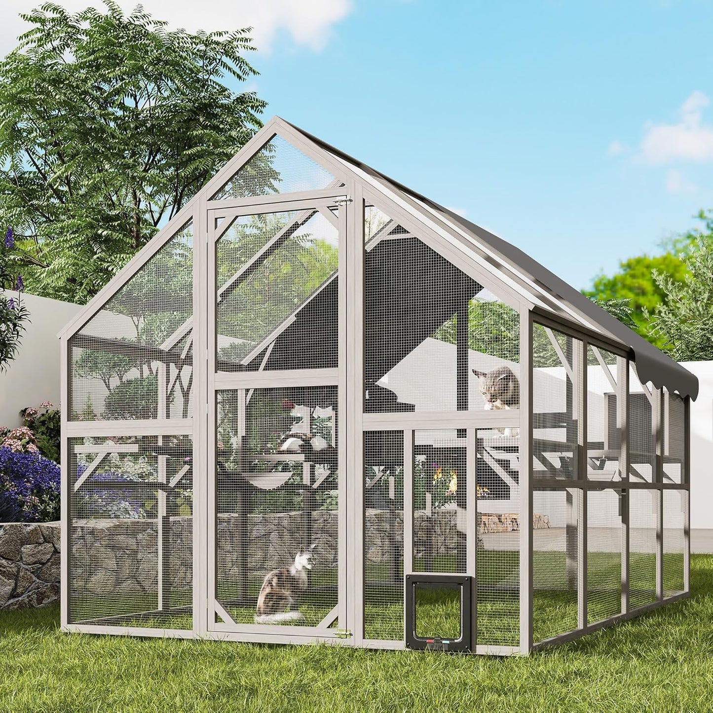 Extra Large Catio – Walk-in Outdoor Cat Enclosure for Multiple Cats, 110" Multi-Level Wood Cat Patio Playpen with Weatherproof Roof, Bridges, Condos and Door Access