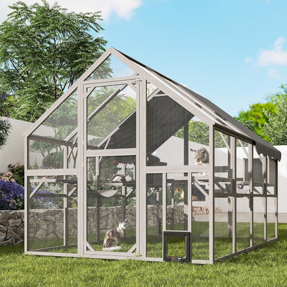 Extra Large Catio – Walk-in Outdoor Cat Enclosure for Multiple Cats, 110" Multi-Level Wood Cat Patio Playpen with Weatherproof Roof, Bridges, Condos and Door Access