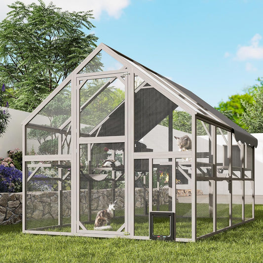 Extra Large Catio – Walk-in Outdoor Cat Enclosure for Multiple Cats, 110" Multi-Level Wood Cat Patio Playpen with Weatherproof Roof, Bridges, Condos and Door Access