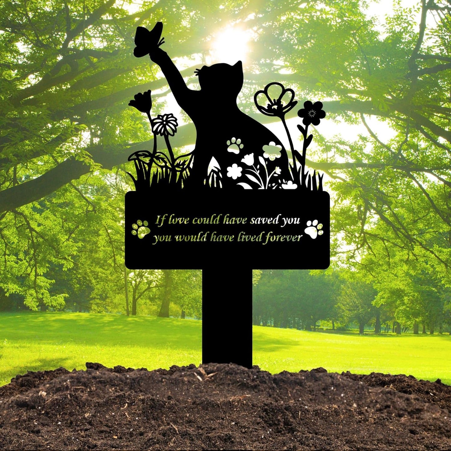 If Love Could Saved You Cat Grave Marker – 12in Metal Pet Memorial Plaque with Butterfly Design, Weatherproof Cat Headstone for Indoor or Garden Remembrance, Sympathy Gift for Loss of Pet