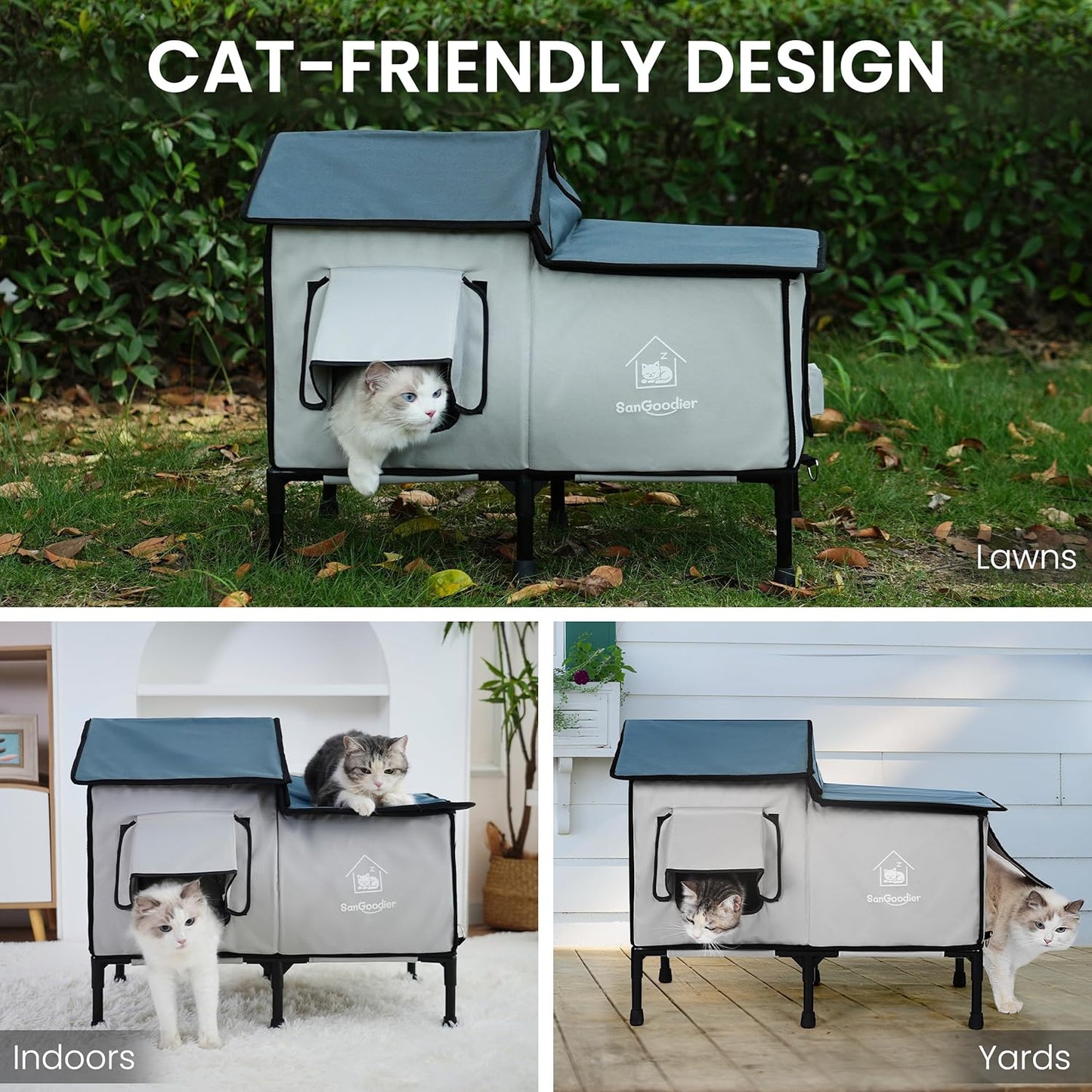 Cat Houses for Outdoor Cats, Outdoor Cat House Weatherproof with Insulation Layer for Warm, Foldable Cat Shelter, Cave Beds for Pets Up to 55lbs for Garden, Patio, or Backyard (Grey-L)