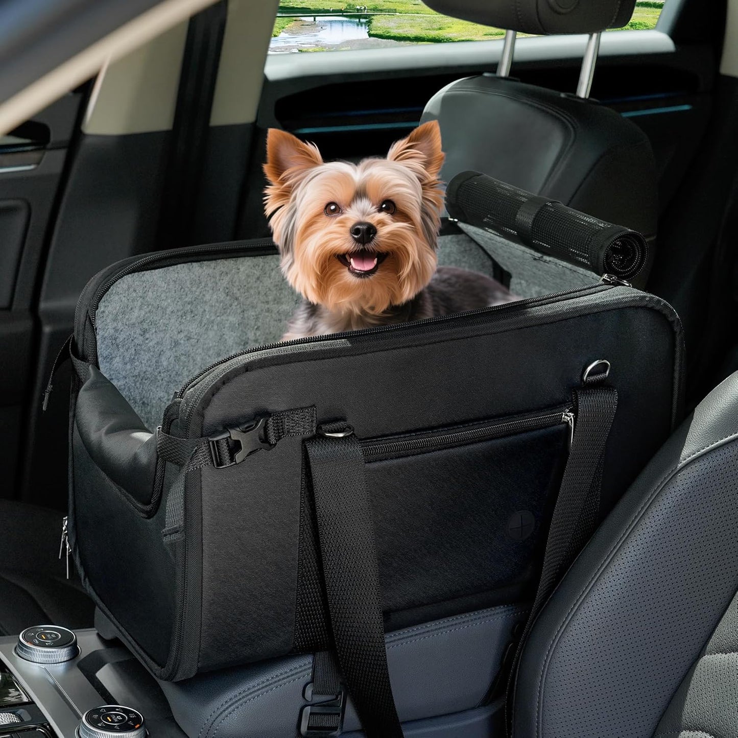 WOYYHO 18 lbs Console Dog Car Seat Luxury Center Console (Width >9in) Dog Car Bed Carseat with Soft Cushion and Safety Belt, Easy Install Stable No Shaking, Waterproof Anti-Slip PU Leather