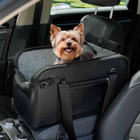 WOYYHO 18 lbs Console Dog Car Seat Luxury Center Console (Width >9in) Dog Car Bed Carseat with Soft Cushion and Safety Belt, Easy Install Stable No Shaking, Waterproof Anti-Slip PU Leather