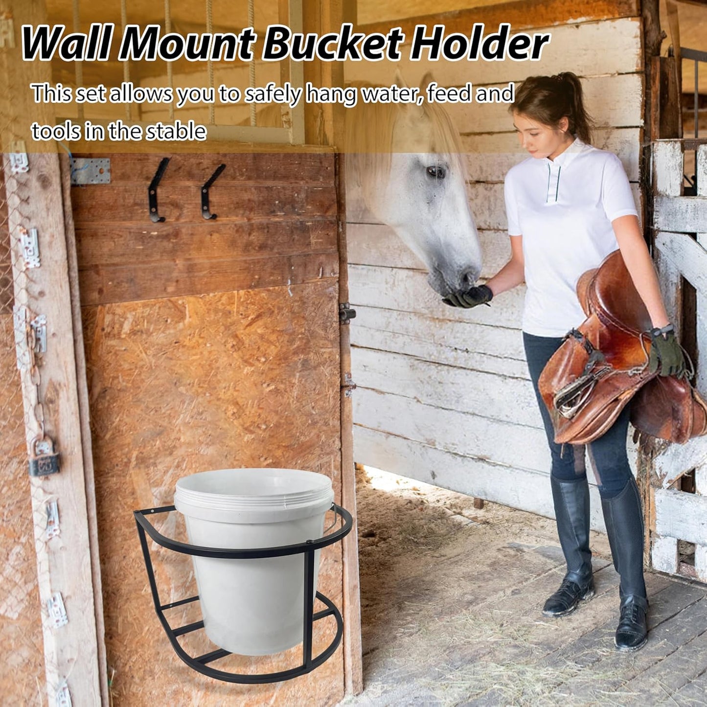 2 Pcs Horse Feed Pail Wall Mount,Heavy Duty Metal Wall Mount Water Bucket Holder for Horses Feed,Barn,Farmhouse Supplies(5 Gallon,Black)