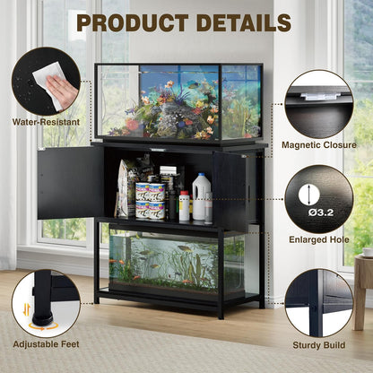 20-29 Gallon Wood Farmhouse Aquarium Stand with Cabinet - 3-Tier Heavy Duty Metal Frame Fish Tank Stand with Storage, Turtle Reptile Tank Stand, 330LBS Capacity, 31.5" L Tabletop, Black