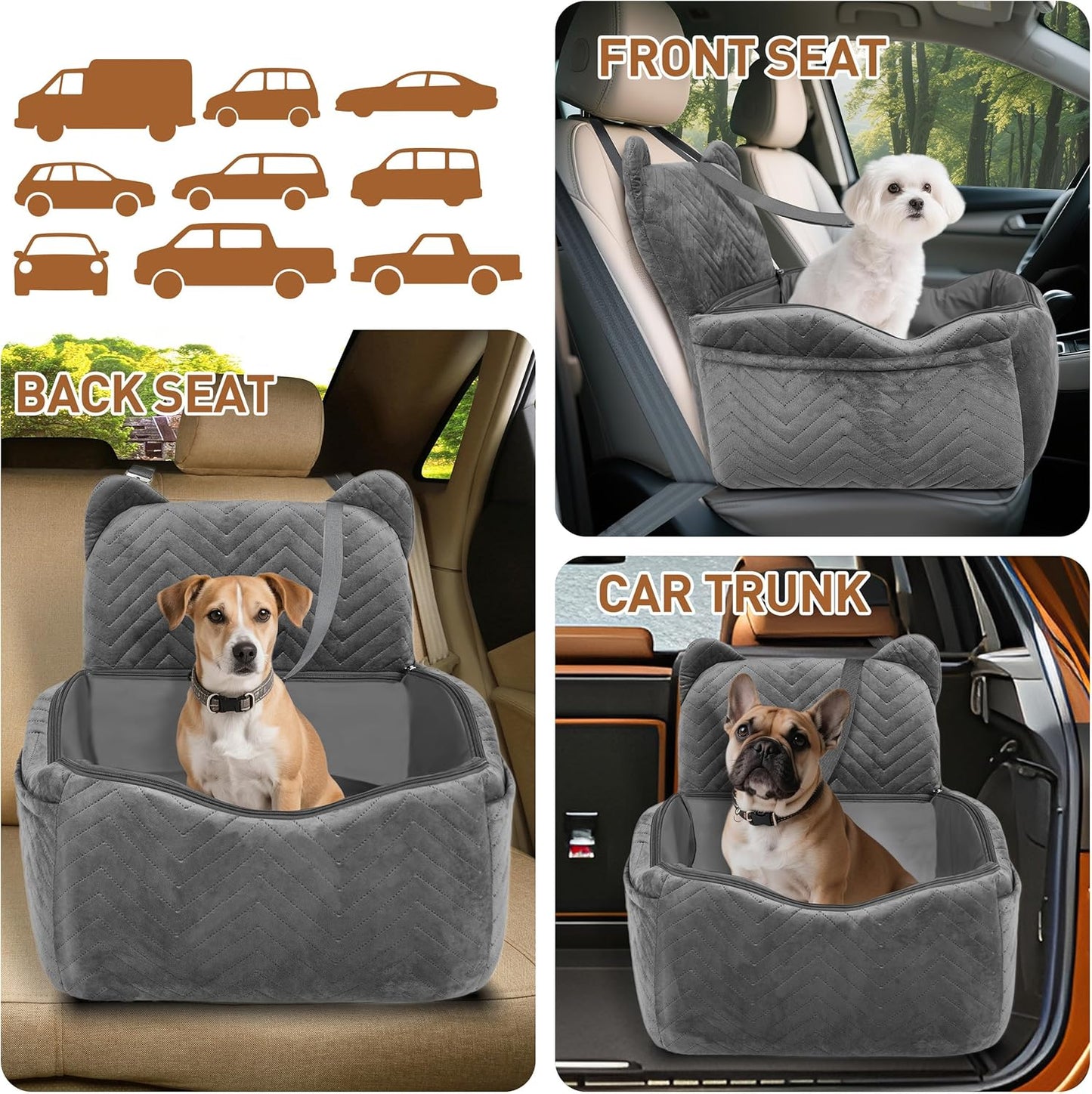 Dog Car Seat for Small/Medium Dogs Up to 30 lbs, Memory Foam Dog Booster Car Seats with Waterproof PU Cover, Pet Seat with Storage Pockets & 2 Safety Belt for Travel(Grey)