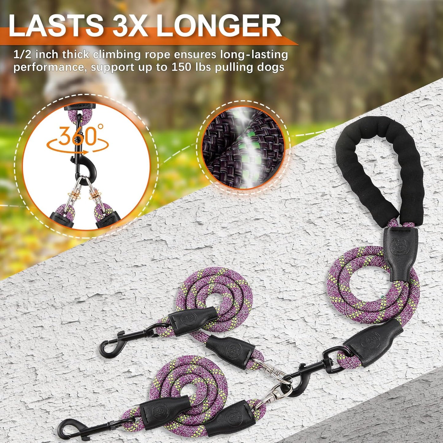 Double Dog Leash for Two Dogs - Detachable 360° Swivel, No Tangle Leash with Reflective Strips for Walking and Training Small Medium and Large Dogs, S/8-45ibs, Purple
