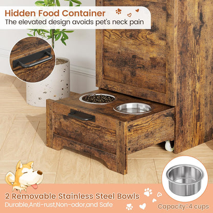 Dog Feeding Station with 2 Elevated Dog Bowls, Pet Feeding Station with Storage Cabinet Organizer, Flip-Up Lid, Anti-Toppling Design, for Pet Food and Pet Supplies, Rustic Brown