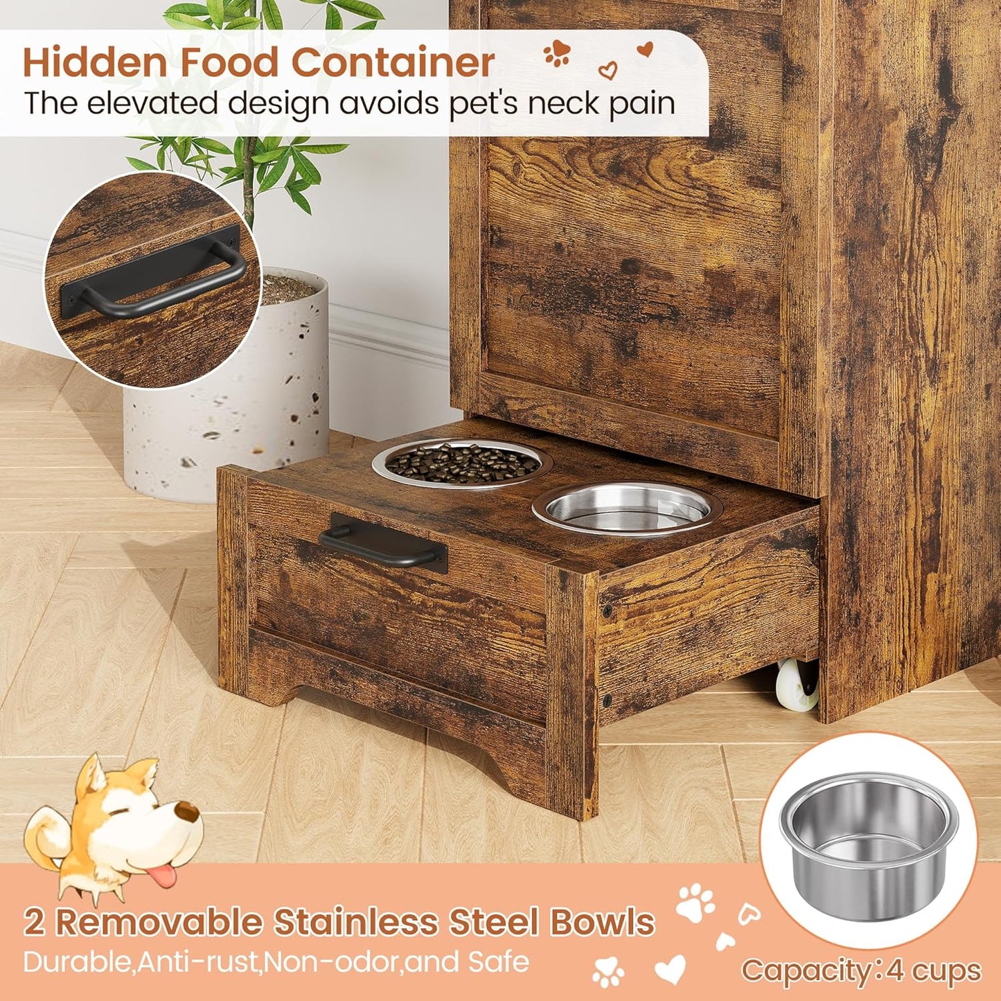 Dog Feeding Station with 2 Elevated Dog Bowls, Pet Feeding Station with Storage Cabinet Organizer, Flip-Up Lid, Anti-Toppling Design, for Pet Food and Pet Supplies, Rustic Brown