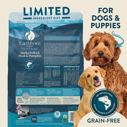 Earthborn Holistic Venture Alaska Pollock Meal & Pumpkin Limited Ingredient Diet Grain-Free Dry Food for Dogs & Puppies (4 lb. Bag)