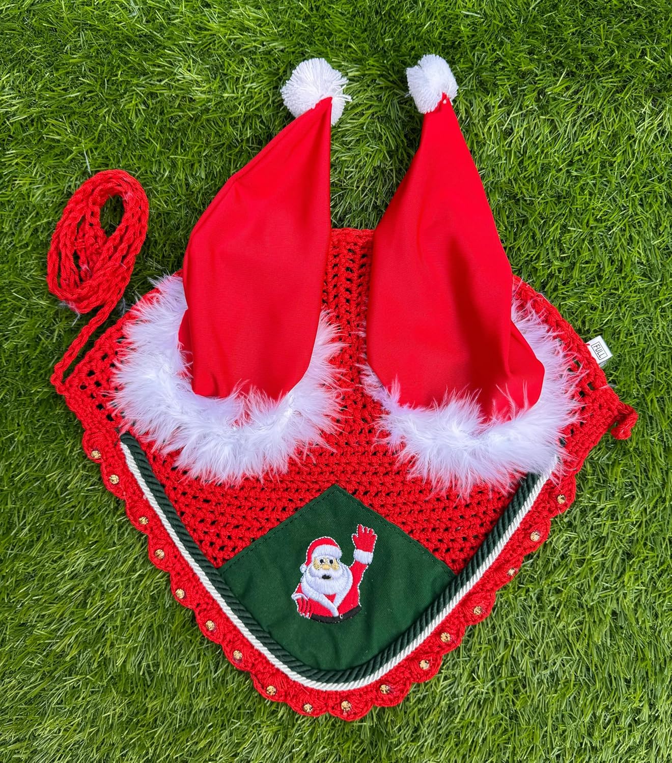 Horse Ear Bonnet Santa Claus Double Hats Fly Hood Ear Net Fly Veil Gift for A Christmas Equestrian Tack Equine (Embroidery, Cob)