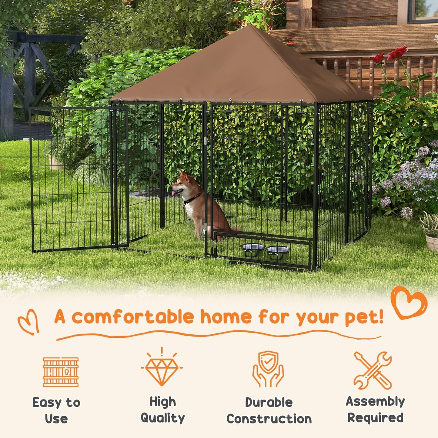 Dog Crate Furniture Style Outdoor Kennel with Canopy, 4.6' x 4.6' x 5' Large Dog Cage House Playpen Enclosure with Rotating Bowl, Durable Garden Playpen Fence Crate,Black