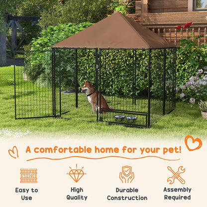 Dog Crate Furniture Style Outdoor Kennel with Canopy, 4.6' x 4.6' x 5' Large Dog Cage House Playpen Enclosure with Rotating Bowl, Durable Garden Playpen Fence Crate,Black