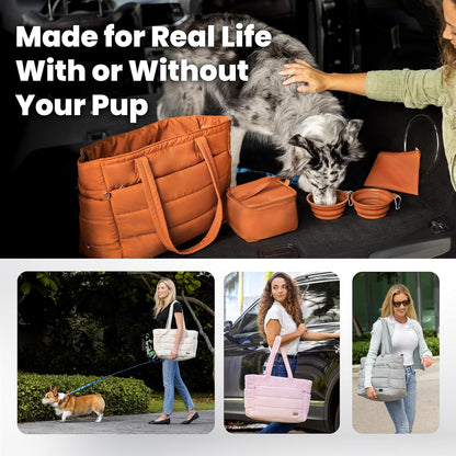 rubyloo Dog Mom Essentials Bundle - Puffer Tote with Storage Containers (Rust) and 32 oz Water Bottle with Detachable Bowl (I Love My Dog) - Travel Bag and Hydration Set