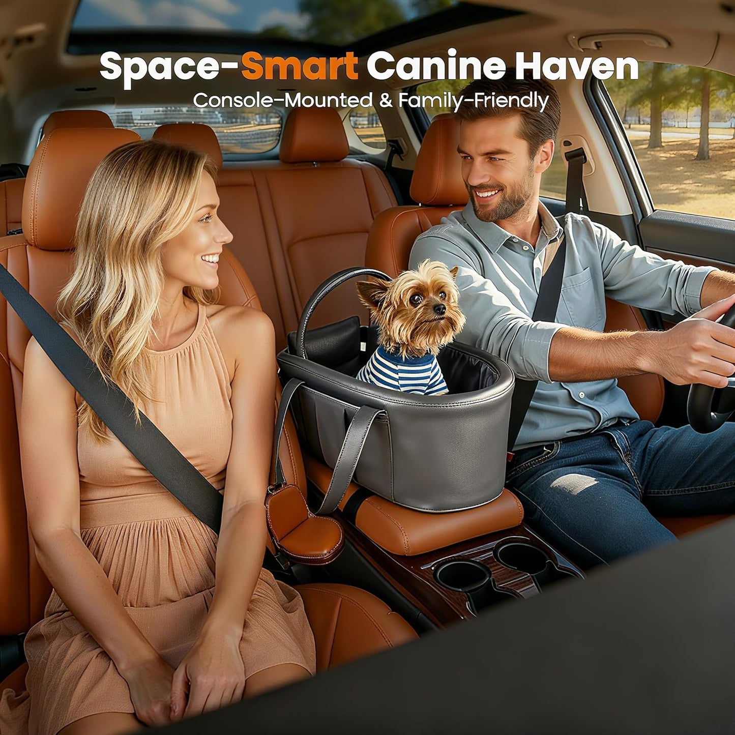 2 and 1 Center Console Dog Car Seat & Carrier for Small Dogs, Large Leather Dog Car Bed with Storage Pocket, Waterproof PVC Leather Seat Travel Bed for Front & Back Seat, Clip-On Safety Leash