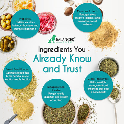 Balanced Breed Dog Probiotics Digestive Health Enzymes Made in USA Vet-Pharmacist Approved Fortiflora Probiotics Dogs Anti Yeast Supplements Constipation Relief Dog Yeast Itchy Skin Itchy Ears Non-GMO