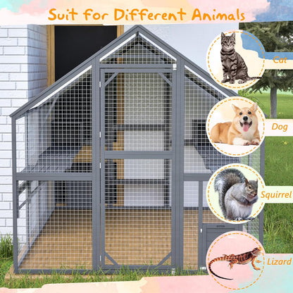 110" Wide Catio Enclosure,Wooden Outdoor Cat Catio - XL Walk-in w/60 Human Door, 2 Suspension Bridges & 5 Platforms | Weatherproof Oxford Roof & Safety Latches,(Gray)