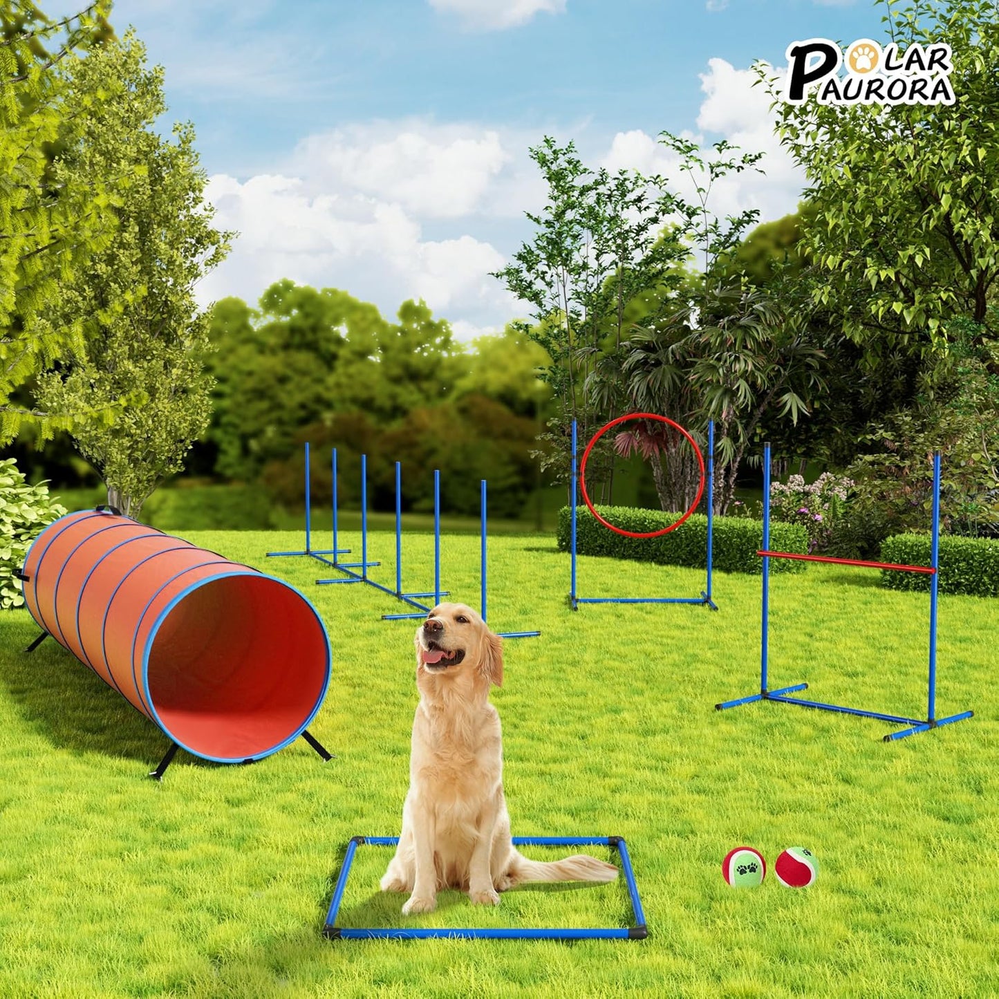 Dog Agility Equipment, Dog Agility Course Backyard Set Obstacle Course Backyard Includes Adjustable High Hurdle,6 Weave Poles,Extended Tunnel,Jump Ring,Square Pause Box,2 Balls,Whistle,2 Carrying Bags