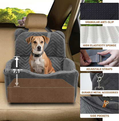 Dog Car Seat Booster with Waterproof Cover, Memory Foam, Small/Medium Dog Bed for Car Back Seat for Travel, 2 Safety Belt