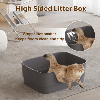 Extra Large Cat Litter Box for Big Cats - High Sides & Low Enter Design, 23.6x17.1x8.54 Inches Spacious Anti-Spill Pet Toilet（Grey）