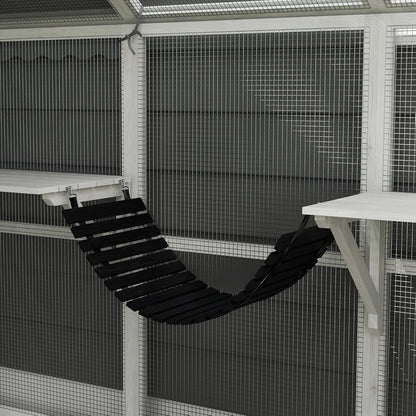 PawHut 110" L Large Catio Outdoor Cat Enclosure for Multiple Kittens, 56 sq.ft Wooden Cat House with Waterproof Cover, Walk in Kitty Cage Kennel with 2 Condos, 6 Platforms, Bridge, Doors, White