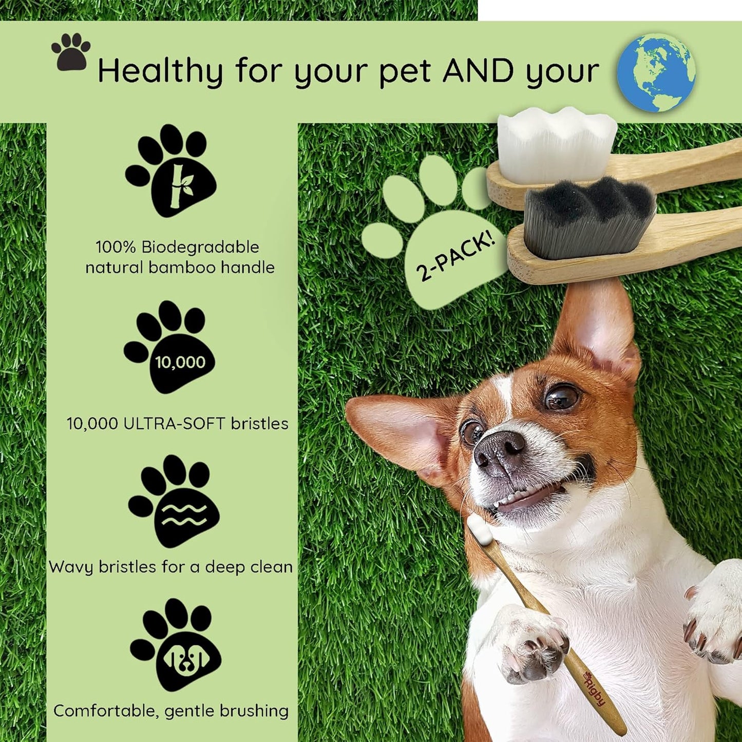 Dog Toothbrush- 10,000 Ultra-Soft Bristles for Sensitive Pet Teeth & Gums- Natural Bamboo Toothbrush for Comfortable, Gentle Deep Cleaning