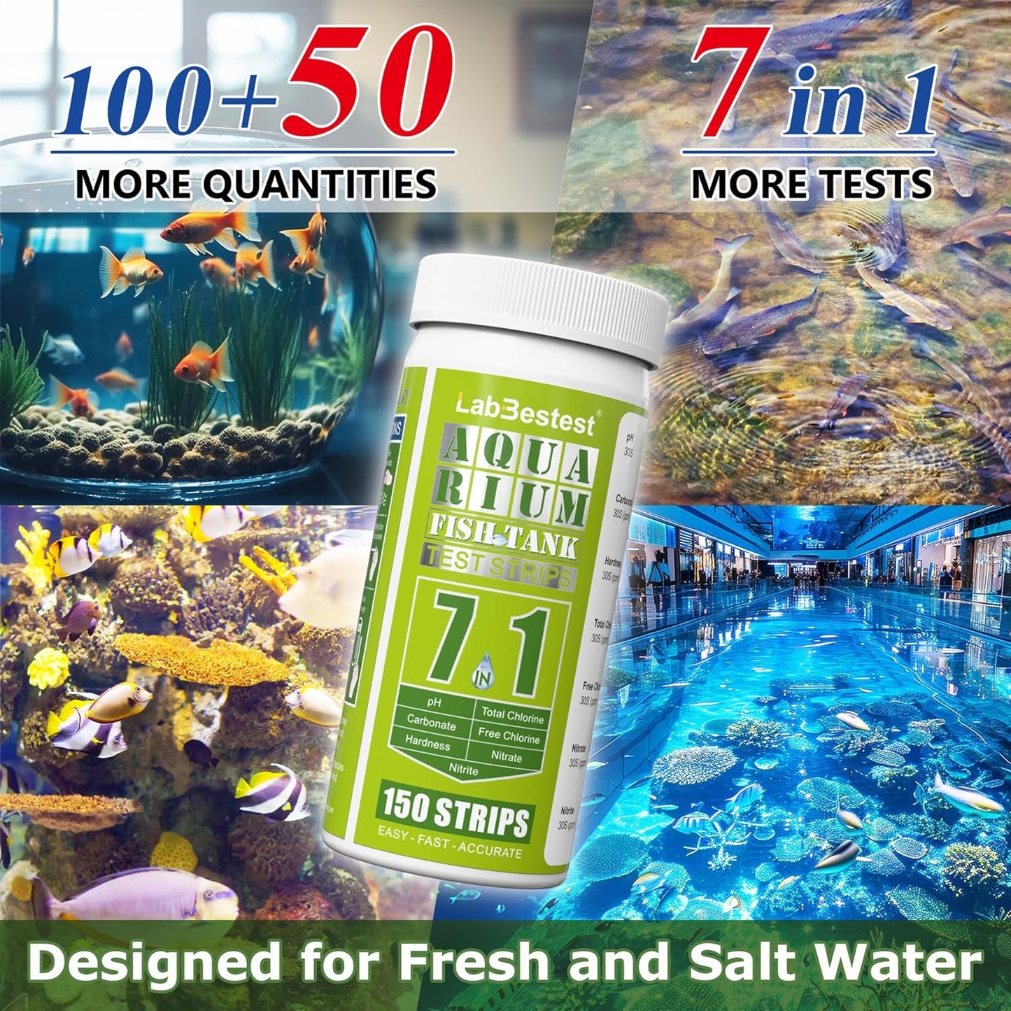 Aquarium Test Strips - Aquarium Water Test Kit - 150 Fish Tank Testing Strips for Freshwater - Pond Water Tester Kits - Rapid Accurate Easy to Test pH, Carbonate, Hardness, and More (7-Way)