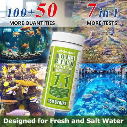 Aquarium Test Strips - Aquarium Water Test Kit - 150 Fish Tank Testing Strips for Freshwater - Pond Water Tester Kits - Rapid Accurate Easy to Test pH, Carbonate, Hardness, and More (7-Way)