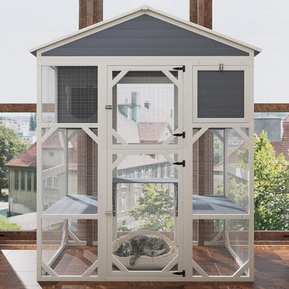 71" Large Wood Catio Outdoor Cat Enclosure, Outdoor Cat Cage with Weatherproof Roof,Wooden Walk in Cat Shelter 3 Platforms & 2 Resting Box (Brown+White)