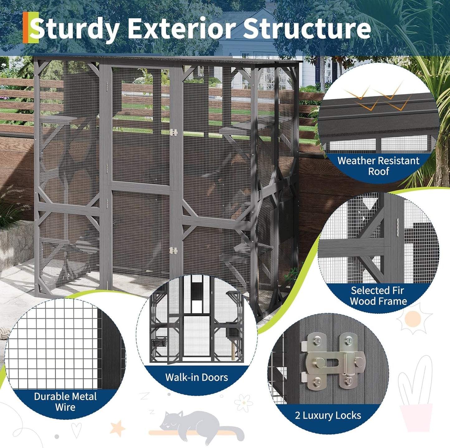 70 in Walk-in Catio with Window Access, Extra Large Outdoor Cat Enclosure for Multiple Cats, Waterproof Roof Cattery with Bridge and Scratching Post Outside Patio Cat Playpen Grey
