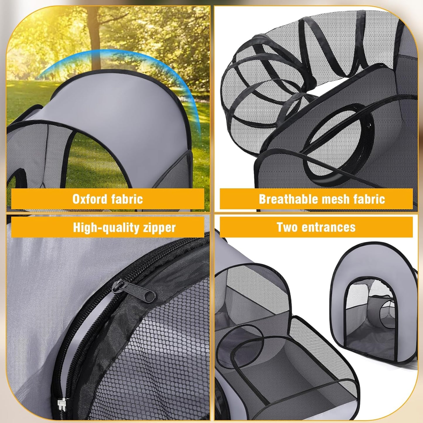 Portable Cat Playpen with Surround Tunnel, 2-Linked-Enclosed Areas, Ideal Cat Tent Outdoor or Cat Playpen for Indoor Cats Enclosed.Breathable Mesh Design for Indoor & Outdoor Use