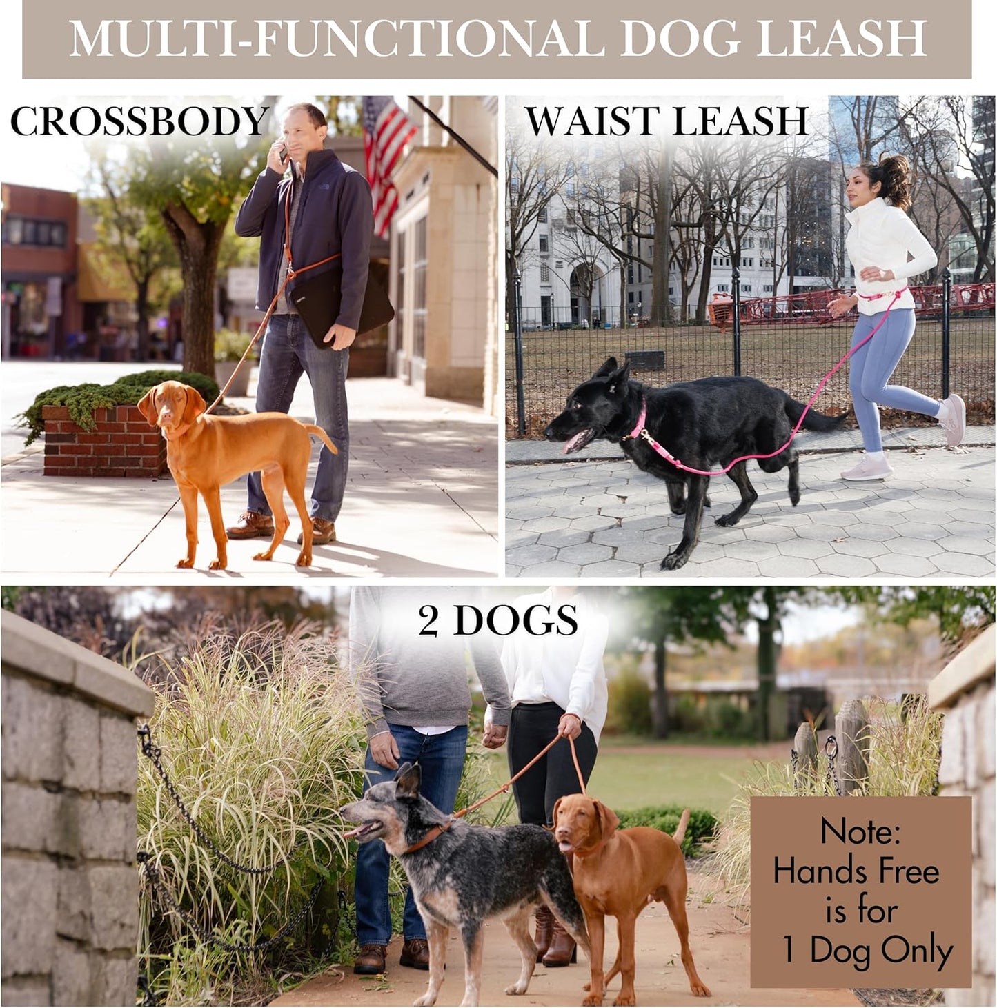 Hands Free Dog Leash, Waist Leash for Dog Walking, Running, Crossbody, Multifunctional, 2 Dogs, Dual Handle, Traditional Lead, Adjustable Lead 4.3ft - 7.5ft, 3/8" (10mm) Diameter.