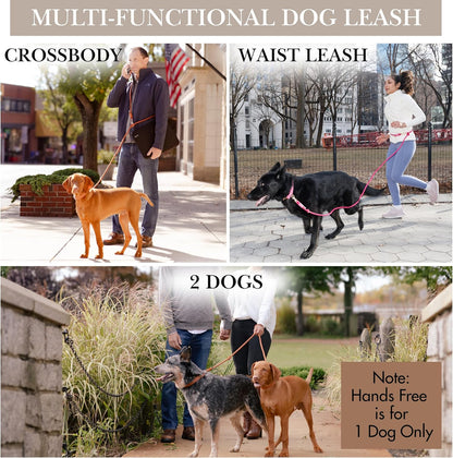 Hands Free Dog Leash, Waist Leash for Dog Walking, Running, Crossbody, Multifunctional, 2 Dogs, Dual Handle, Traditional Lead, Adjustable Lead 4.3ft - 7.5ft, 3/8" (10mm) Diameter.
