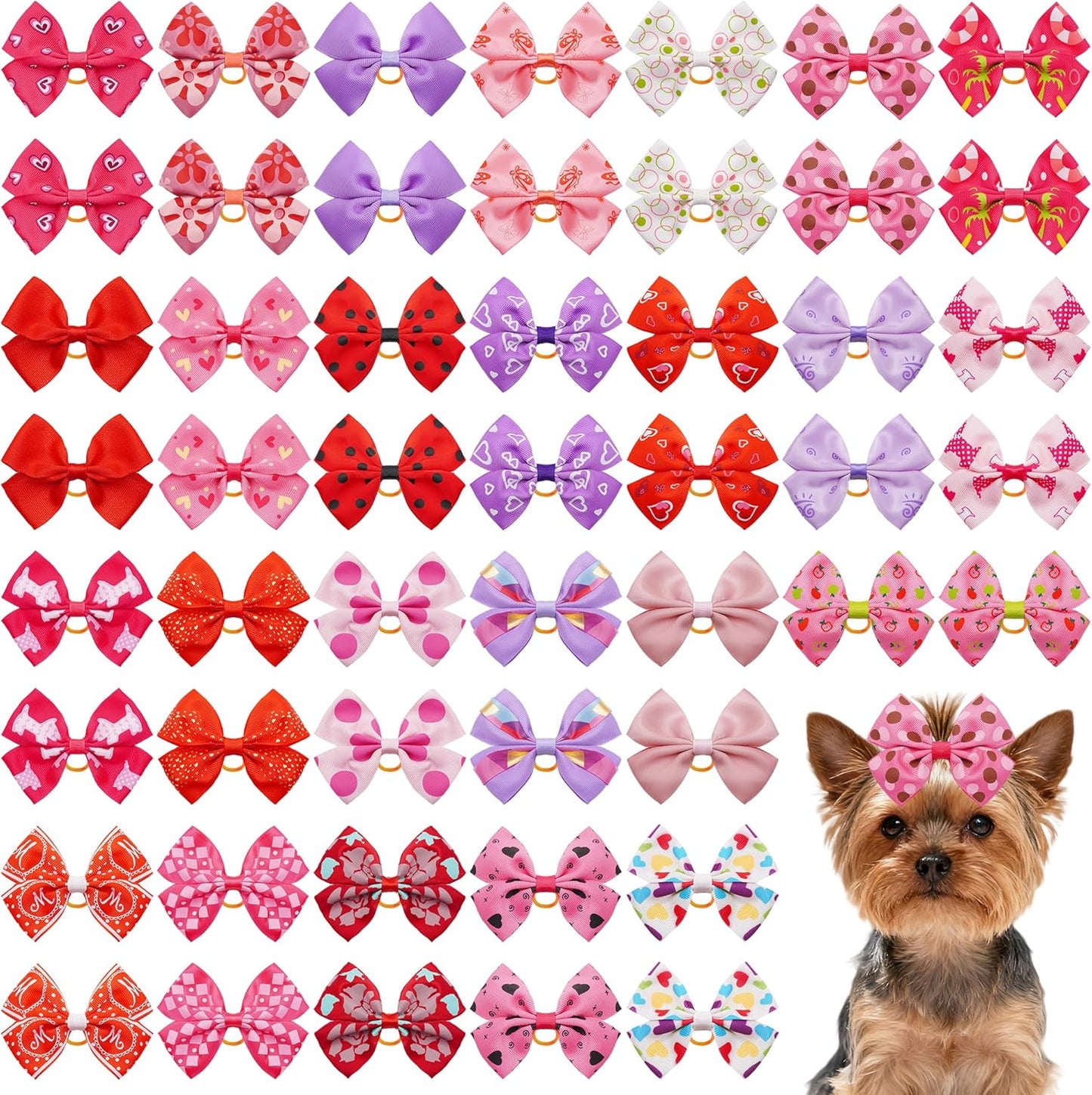 50PCS/25Paris Big Dog Hair Bows with Rubber Band Random Mix Pattern for Large XL Breed Pink Purple Bowknot Topknot Girl Female Grooming Hair Accessories（Random）