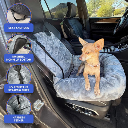 4Knines Dog Car Seat – Plush Travel Bed for SUVs, Trucks & Sedans – Comfortable, Supportive & Secure Ride for Small and Medium Dogs – Washable, Non-Slip Bottom, UV-Resistant Straps & Clips - Grey
