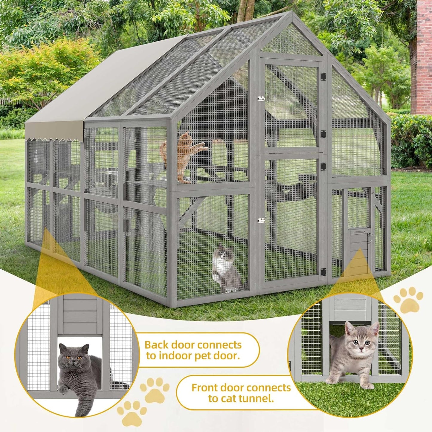 DWVO Extra Large Catio Outdoor Cat Enclosure, 110 inch Outside Cattery with Weatherproof Roof, Cat Scratcher Ramp, Cat Space Capsule Bed, 2 Bridges, 2 Resting Houses, 7 Platforms