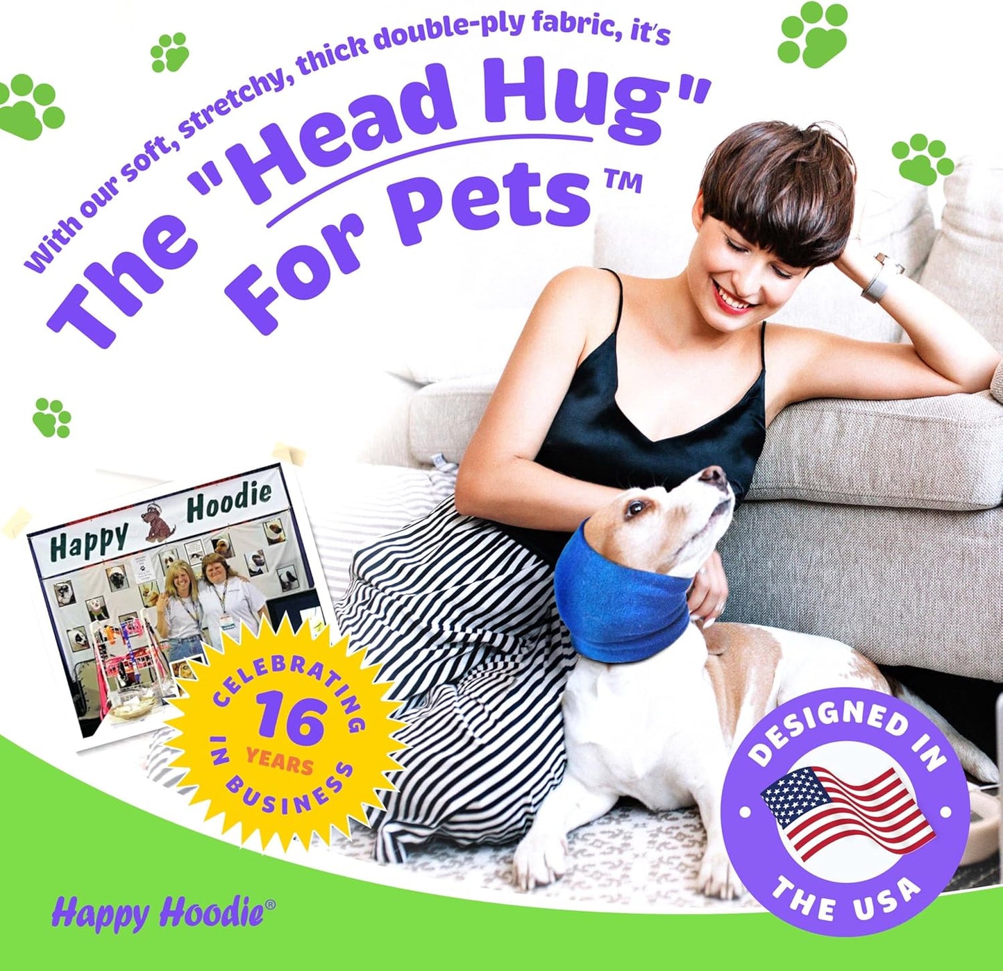Happy Hoodie The Original Dog & Cat Calming Band, Anxiety Relief/Noise Protection-Grooming-Thunder-Fireworks (Large, White)