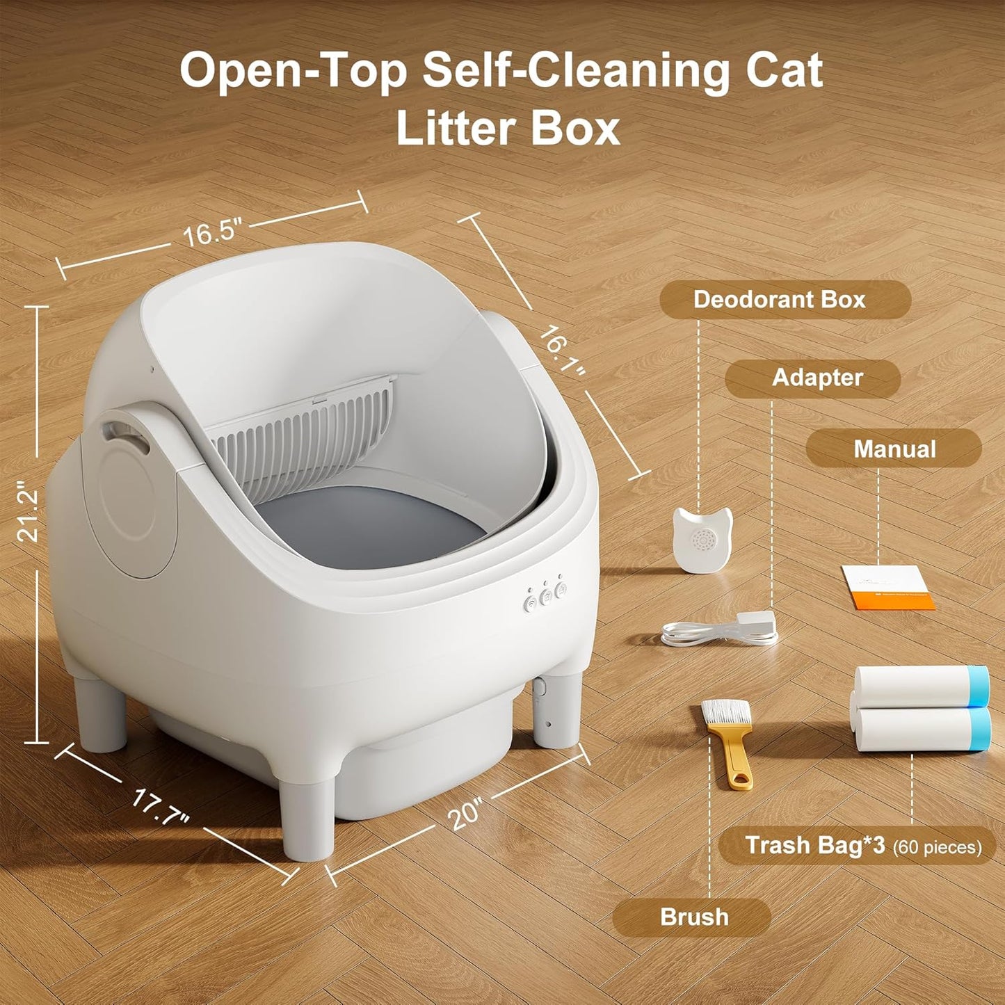 Auto Self-Cleaning Litter Box + Pet Hair Remover Glove Bundle, Open-Top Box with 10.5L Bin & Grooming Glove