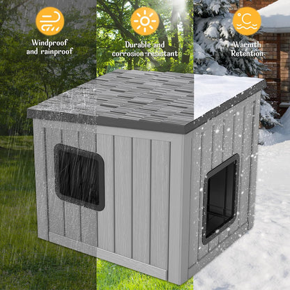 KAMABOKO Outdoor Cat Shelter Weatherproof PP Plastic Cat House for Winter, Insulated Cat Condo for Feral and Outdoor Cats with Waterproof Flat Base for Porch, Backyard, Black