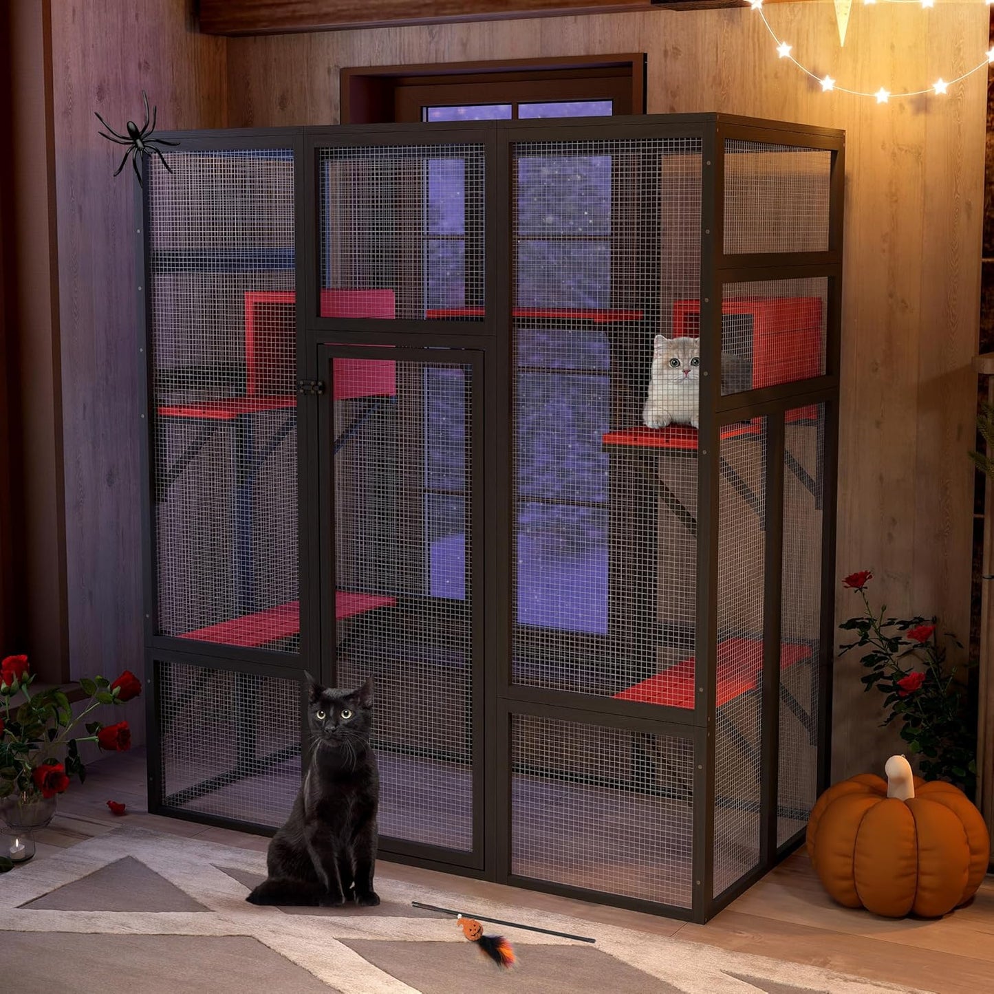 COZIWOW 70Inches Large Spacious Wooden Catio Outdoor Cat Enclosure with Perches and Condos, Cat Cage Indoor with Waterproof Roof, 7 Platforms & 2 Resting Box, UV Resistant (Gothic)