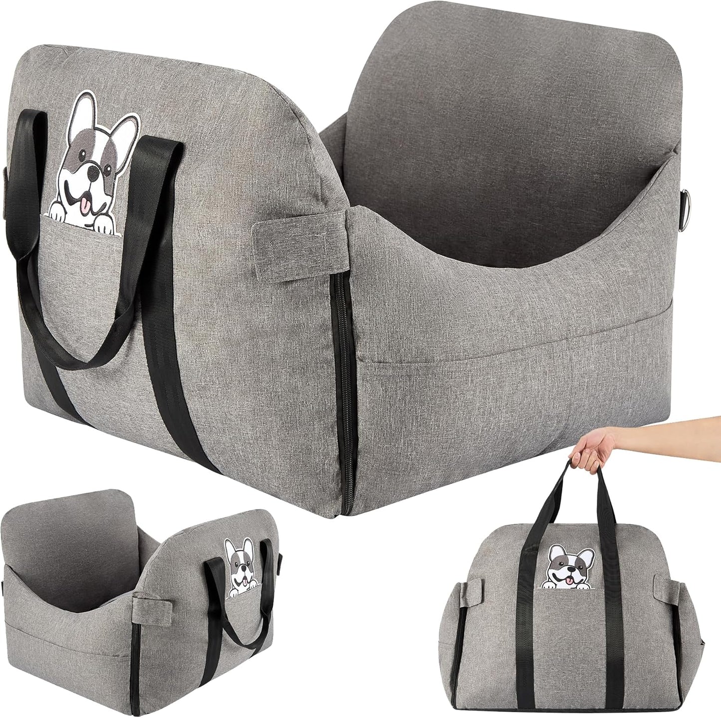 Dog Car Seat for Small/Medium Dogs.Water Repellent with Storage Pockets.Doubles as a Pet Travel Bed for Dogs Up to 40 lbs. Machine Washable Dog Carrier- Gray French Bulldog