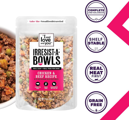 I AND LOVE AND YOU Irresist-a-Bowls Freeze Dried Dog Food - Chicken + Beef- Prebiotics, Grain Free, Filler Free, Meal Enchancer, 9oz Pouch, 4pk