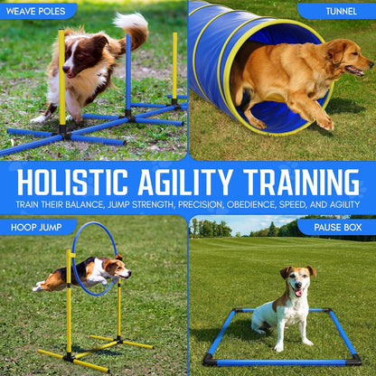 Dog Agility Equipment – Portable Backyard Agility Course with 9ft Dog Tunnel, Weave Poles, Hoop Jumps, Collapsible Water Bowl & More – Dog Training Kit for Indoor & Outdoor