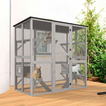 YITAHOME Catio Outdoor Cat Enclosure Large, Tall Wooden Cat House with Weatherproof Asphalt Roof, Cat Cage Playpen with Multiple Platforms & 2 Resting Boxes, 70.9" L x 38.2" W x 70.9" H