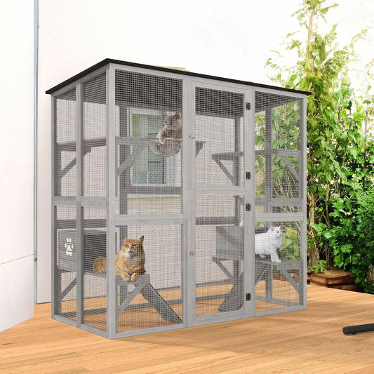 YITAHOME Catio Outdoor Cat Enclosure Large, Tall Wooden Cat House with Weatherproof Asphalt Roof, Cat Cage Playpen with Multiple Platforms & 2 Resting Boxes, 70.9" L x 38.2" W x 70.9" H