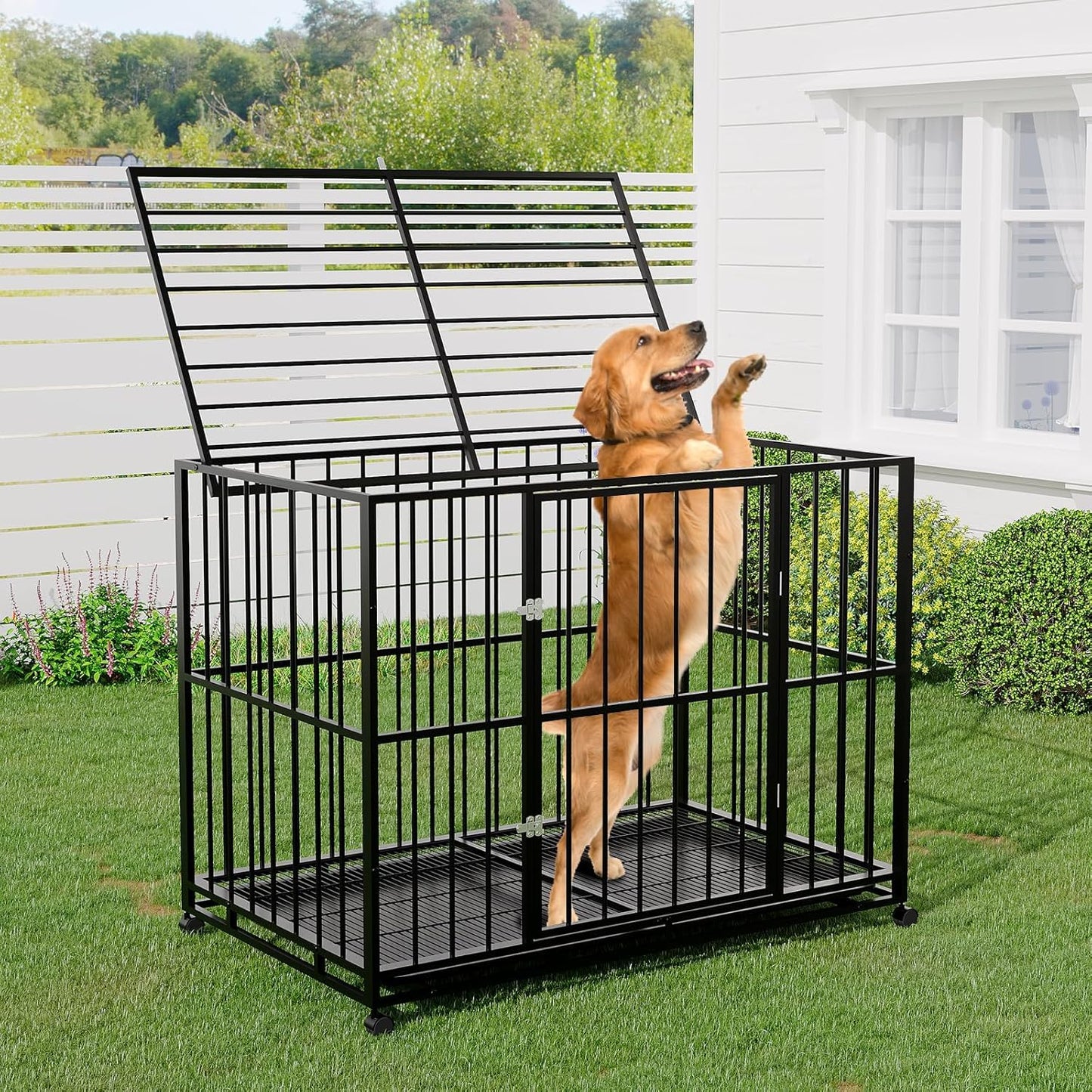 Heavy Duty Stainless Steel Dog Crate for Large & XL Breeds - Indestructible Escape-Proof Kennel with Locking Wheels - Collapsible, Chew-Resistant Indoor/Outdoor Cage with Easy-Clean Removable Tray