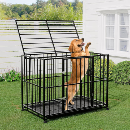 Heavy Duty Stainless Steel Dog Crate for Large & XL Breeds - Indestructible Escape-Proof Kennel with Locking Wheels - Collapsible, Chew-Resistant Indoor/Outdoor Cage with Easy-Clean Removable Tray