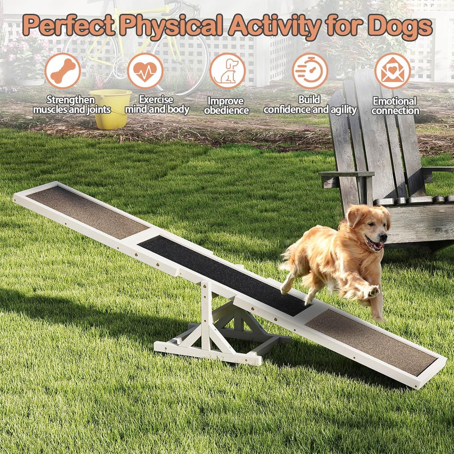 PETSITE Wooden Dog Agility Seesaw, Dog Exercise & Play Set, Outdoor Run Game Toy, Climbing Platform Balance Training Equipment, Weatherproof Pet Supplies for Backyard Obstacle Courses (White)