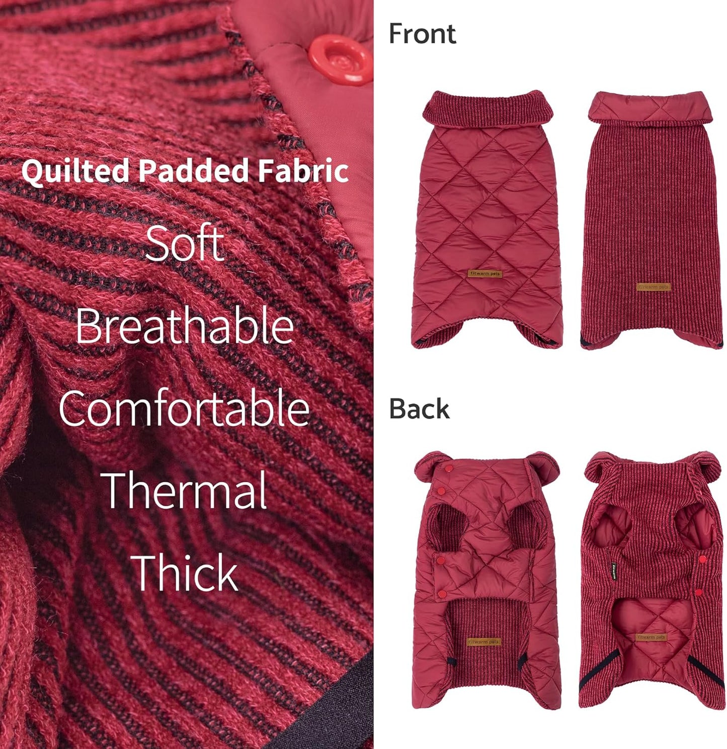 Fitwarm Reversible Quilted Dog Coat, Cozy Winter Clothes for Small Dogs Boy Girl, Windproof Thermal Pet Jacket, Red, Burgundy, XL